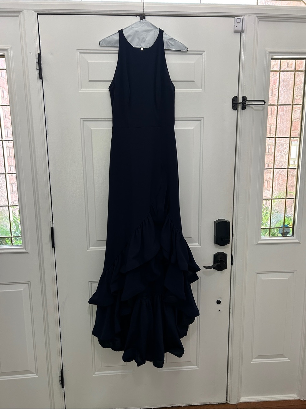Betsy & Adam Navy Ruffle-Detail Maxi Dress